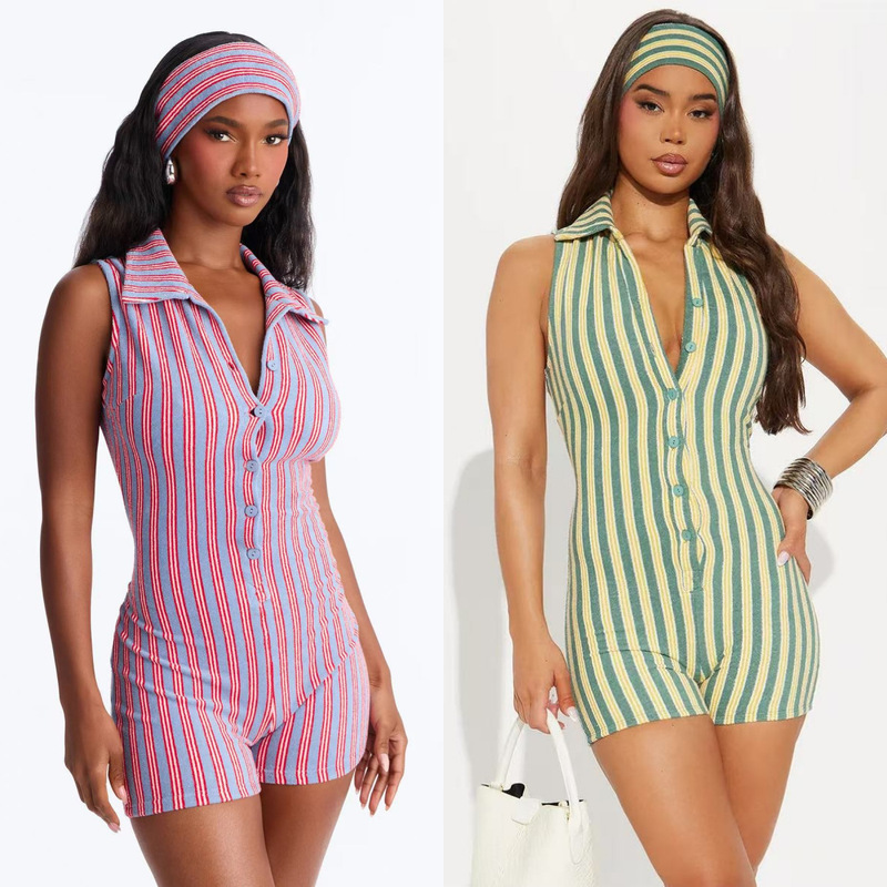 Striped Print Polo Collar Single-Breasted Sleeveless Slim-Fit Jumpsuit for Casual Sports with Headband Striped Print Polo Collar Single-Breasted Sleeveless Slim-Fit Jumpsuit for Casual Sports with Headband
