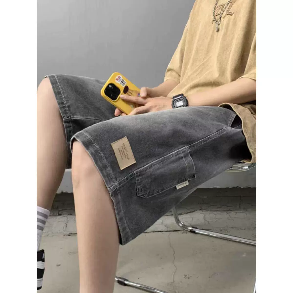 牛仔短裤男夏季薄款美式高街宽松中裤水洗做旧潮牌痞帅工装五分裤