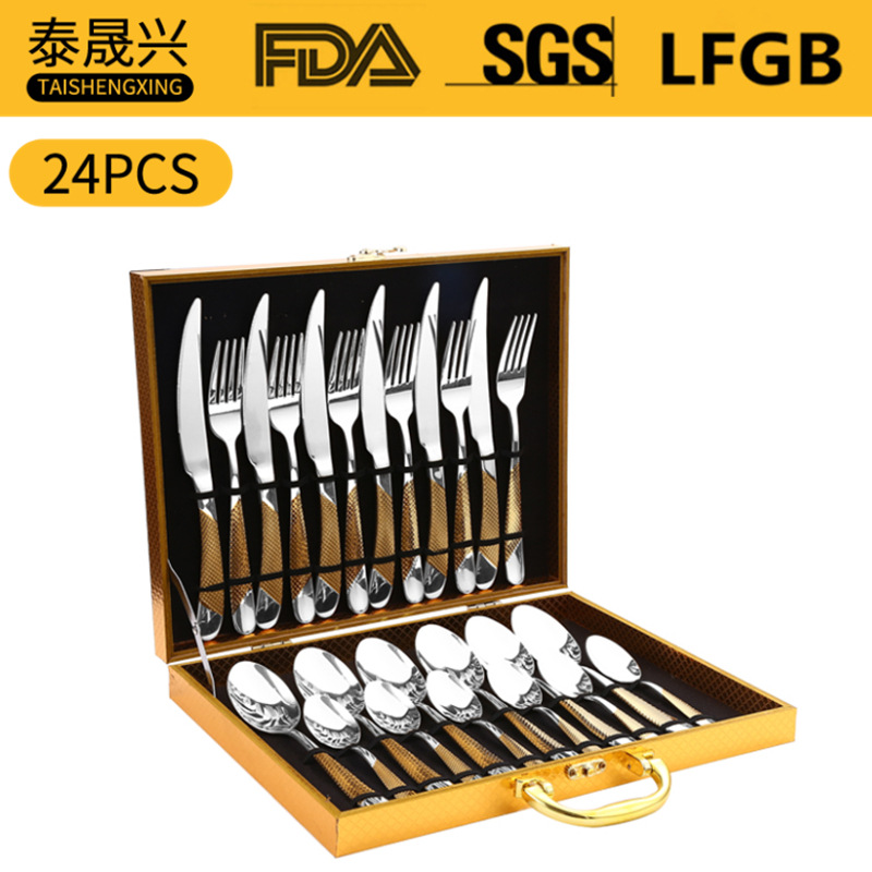Amazon TikTok vajilla de acero inoxidable 24 piezas traje estrella diamante cuatro piezas principales cuchillo de comida occidental, tenedor y cuchara caja de regalo de oro