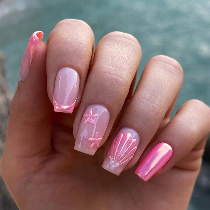 Cross-border 3D Pearl Wear Armor Mermaid Pink Pearlescent Foreign Trade Press Fake Nail Patch Cross-border 3D Pearl Wear Armor Mermaid Pink Pearlescent Foreign Trade Press Fake Nail Patch
