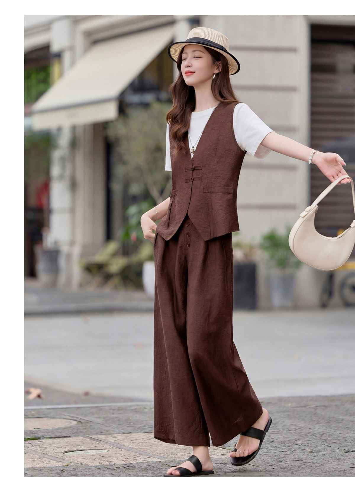 Bộ quần áo nữ hai mảnh gồm áo vest cổ V và quần ống rộng phối đồng bộ — Đỏ nâu, Xanh lông mòng đen chi tiết 20