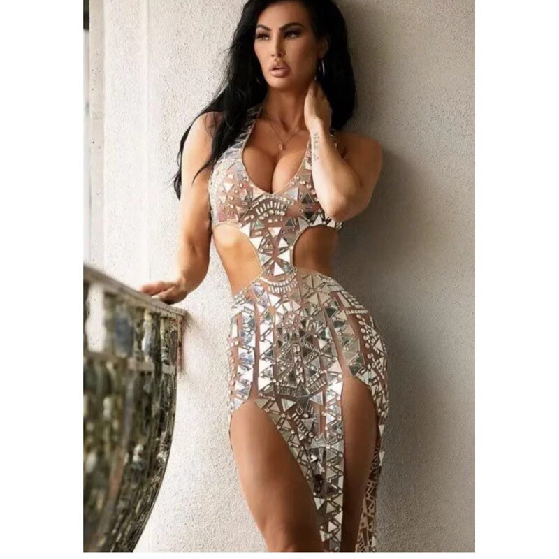 Foreign Trade Fashion Sexy V Low-cut Slimming Hollow Sequin Tight Sleeveless Long Dress Party Dress