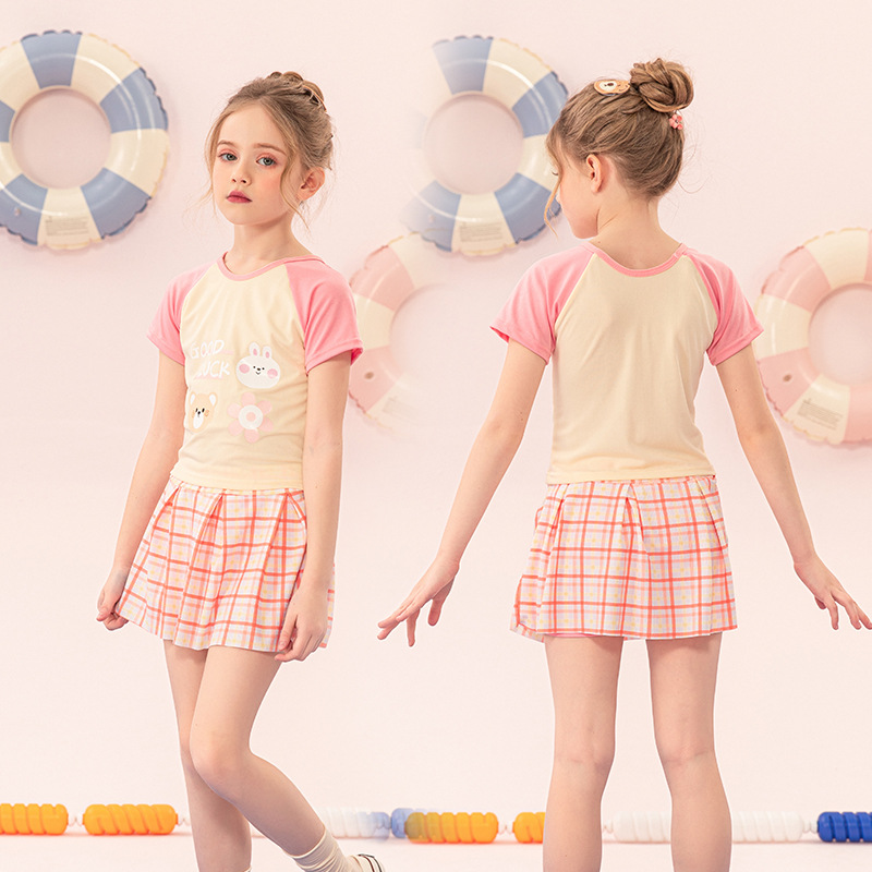 Traje de baño nuevo de verano para niñas, diseño a cuadros con bloques de color, conjunto conservador de dos piezas para niñas mayores, elegante traje de baño para aguas termales.