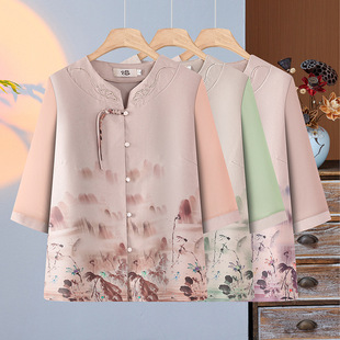 Grandma's Summer Three-Quarter Sleeve Suit, New Chinese Style Shirt for Middle-Aged and Elderly People, Mother's Clothes, Old Lady's Cardigan Two-Piece Set