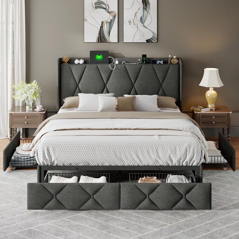 Queen Size Bed Frame with 4 Storage Drawers Upholstered Button Tufted Storage Bedside with Quick Charging Station Queen Size Bed Frame with 4 Storage Drawers Upholstered Button Tufted Storage Bedside with Quick Charging Station