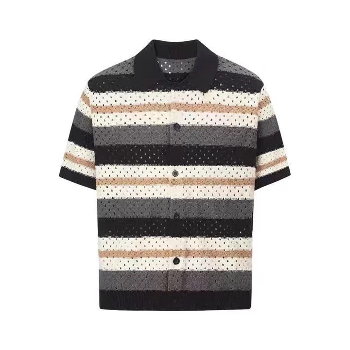 Polo camiseta de punto camiseta de manga corta camiseta de hombre rayas huecas retro viento de hielo de verano fábrica transfronteriza al por mayor image 6
