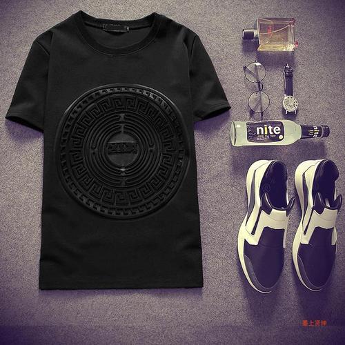 Summer Japanese Space Cotton Large Men's Loose 3D Korean Style Youth Crew Neck Half Sleeve Printed T-shirt