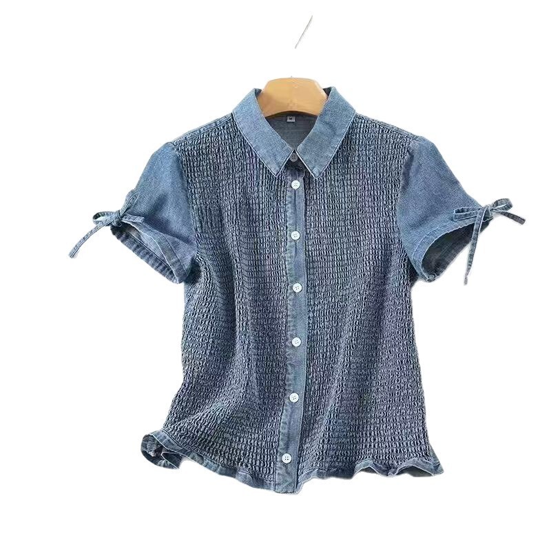 Cross-border wholesale of women’s clothing: casual, European and American style, fashionable, versatile, short-sleeved denim shirt with a honeycomb texture Cross-border wholesale of women’s clothing: casual, European and American style, fashionable, versatile, short-sleeved denim shirt with a honeycomb texture