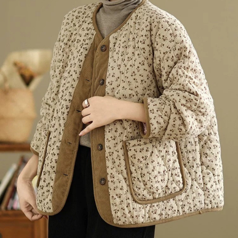 Large size retro floral cotton jacket for women in winter contrasting colors Korean cotton thickened large flower jacket