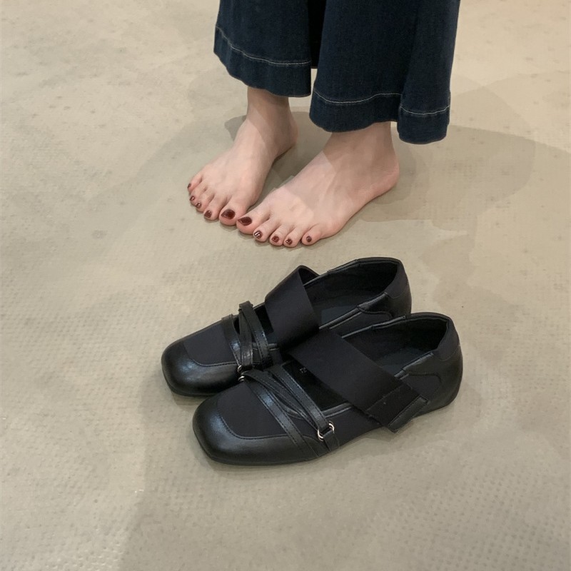 Black Ballet Flats Women's Shoes 2025 New Spring and Summer Square Toe Bow Tie Velcro Mary Jane Shoes
