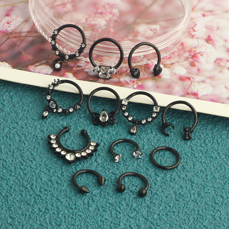 Amazon Hot Sale Nose Ring Set Stainless Steel Micro Inlaid Zircon Chrysanthemum Nose Ring Trend Puncture Nose Nail 12-Piece Set detail image 11