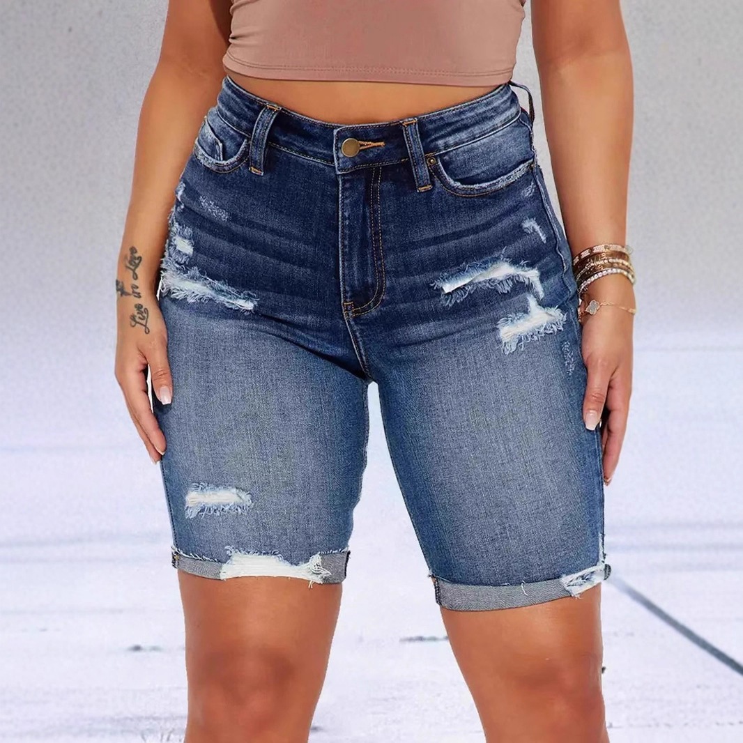 European and American Cross-Border Amazon Aliexpress Women's Jeans Casual Washed Ripped Slim-Fit Denim Shorts