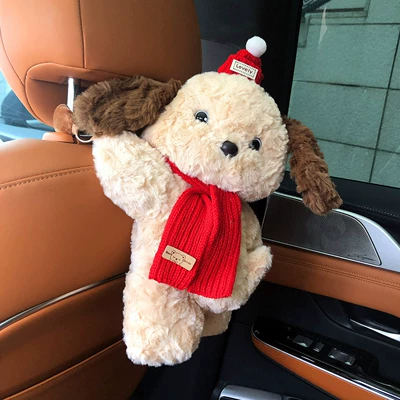 Car Tissue Box with Cute Doll Design, Car Tissue Hanging Bag, High-End Hanging Tissue Box for Car Interior, Suitable for Girls (Car tissue box/set) - no-specifications-brushed-khaki-puppy-red-hat-scarf-tissue-box