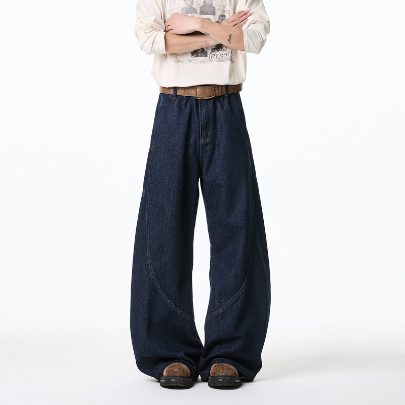 American Retro Wide-Leg Raw Denim Scimitar Jeans for Men and Women, Trendy Brand Loose Cleanfit Drape Casual Pants