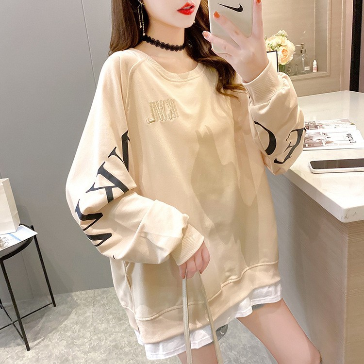 假两件卫衣女薄款圆领字母套头韩版宽松长袖大码开叉无帽卫衣女潮