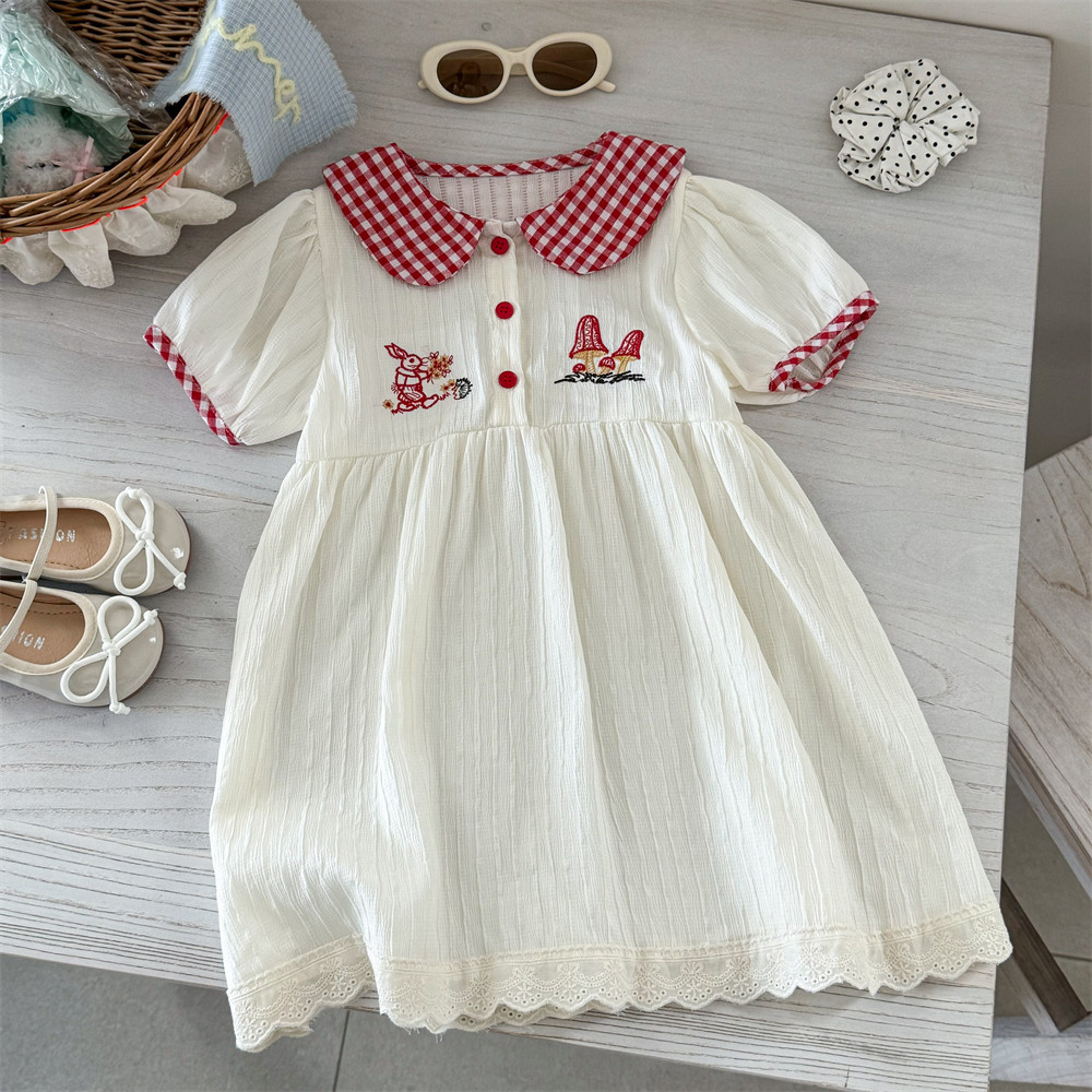 Vestido de siete niñas de limón salado nuevo verano niña bebé vestido de verano coreano con cuello de muñeca bordado falda de manga corta de conejito