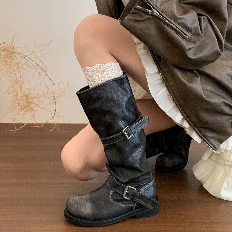 复古擦色做旧高筒靴长筒靴机车靴女中筒骑士靴2025新款秋季长靴子|undefined