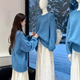 韩系慵懒风蓝色毛衣女冬季高级感宽松显瘦奶呼呼软糯春秋针织衫潮