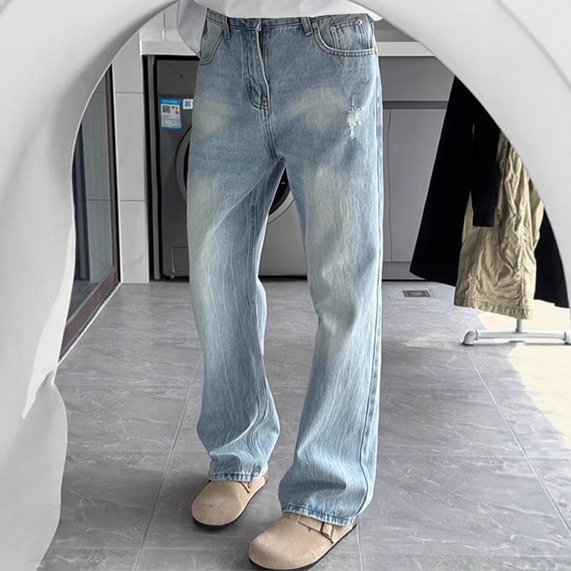 Light Blue Cracked Ripped Jeans Men's Vibe American Pants Trendy Brand Narrow Version Slim Straight Leg Slightly Flared Pants