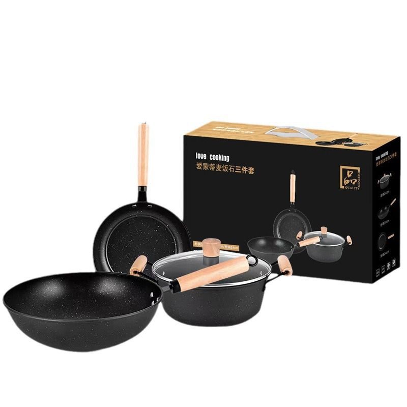 Juego de olla de tres piezas de piedra médica, wok, olla de sopa, olla de regalo de actividad bancaria, olla de hierro antiadherente de fondo plano