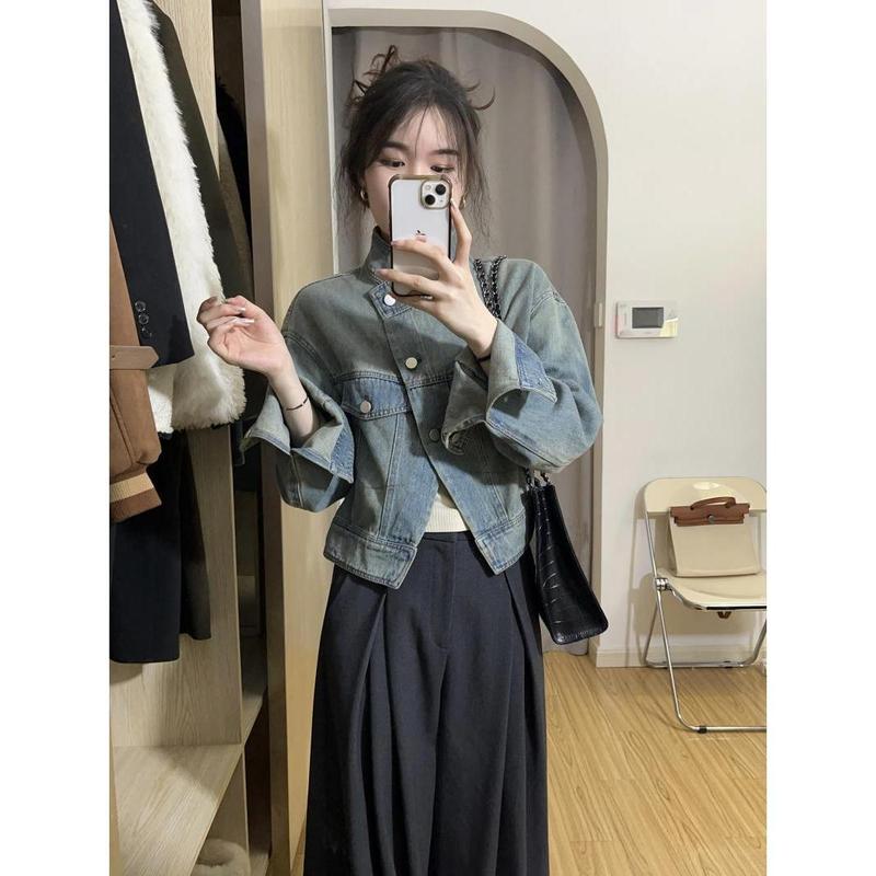 春と秋の女性用ショートデニムジャケット、多用途、ゆったり、小柄なデザイン、ニッチソルトスタンドカラージャケットトップ|undefined