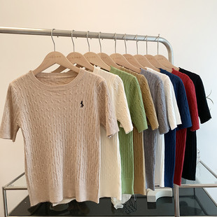 Soft Waxy Skin-friendly Twist Embroidered Twist Sweater Women's Short-sleeved Spring and Summer Breathable Slim-fit Slimming Vintage All-match Top