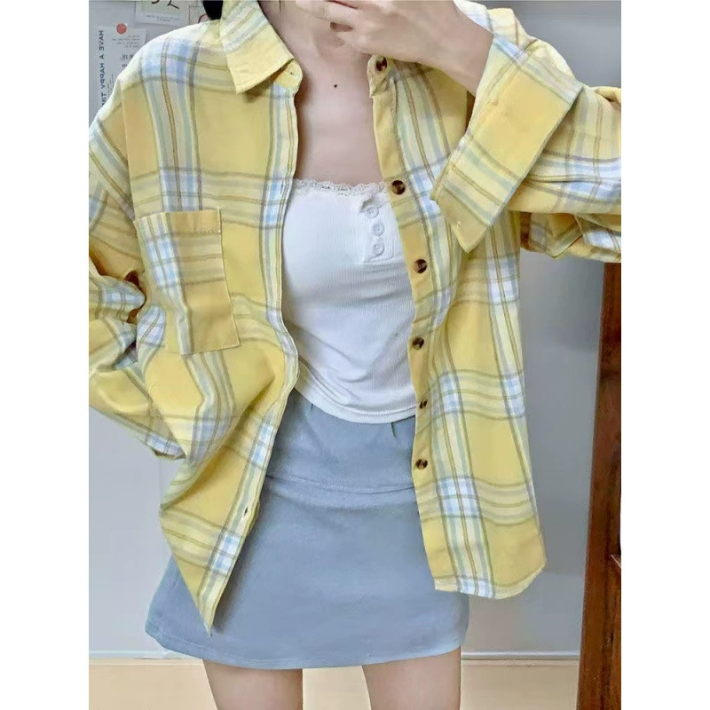 Оригинальная ткань, натуральная желтая хлопчатобумажная клетчатая рубашка