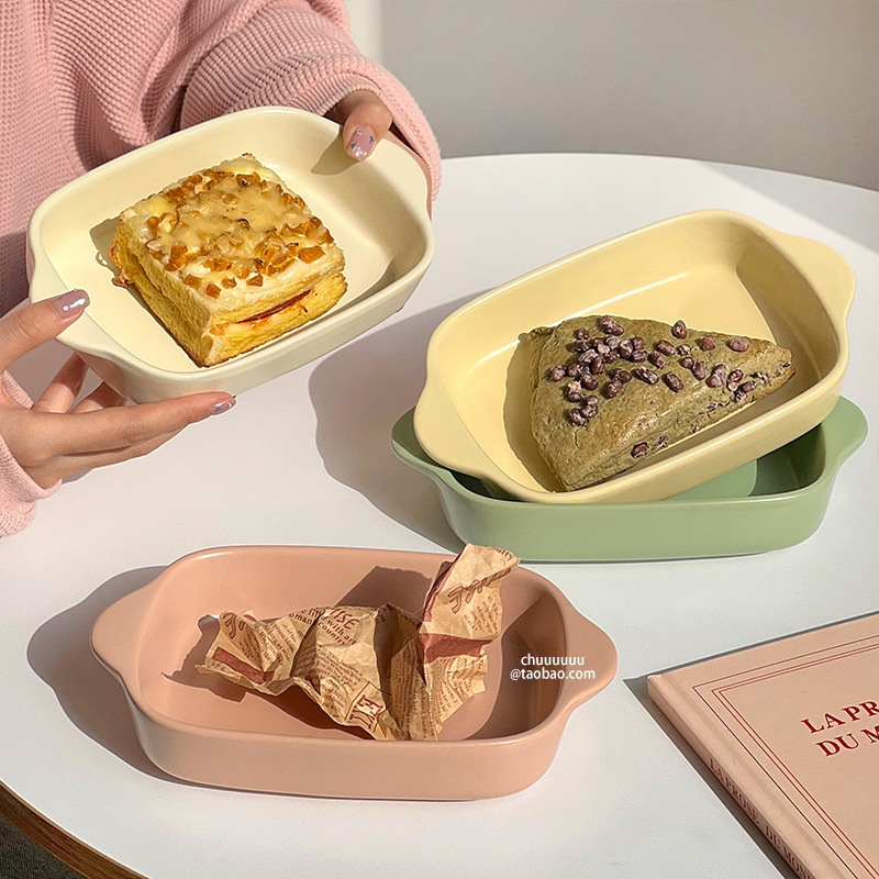 Ins风クリーム色両耳焼き皿セラミック电子レンジオーブン用チーズグラタン皿角型両耳焼きボウル|undefined