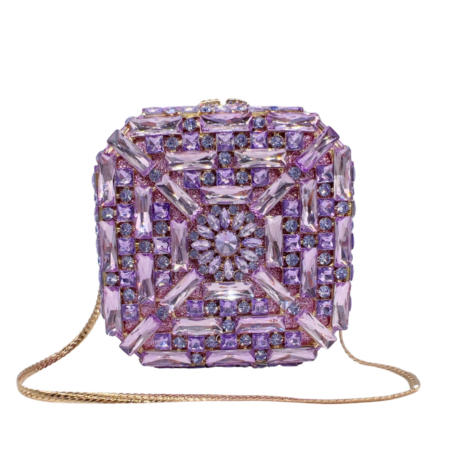 Túi clutch dạ tiệc hộp vuông nhỏ đính đá lấp lánh — Hoa violet, Màu hồng, Màu bạc, Màu xanh ngọc chi tiết 1