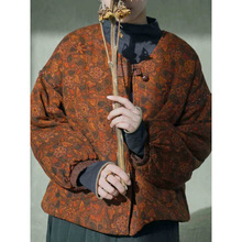 新中式数码印花加厚棉衣外套复古怀旧V领棉袄夹棉上衣冬女新