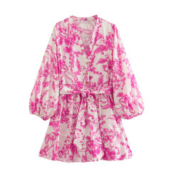 外国貿易リスト! 卸売りの夏の新型の婦人服のvネックの花のプリントのひもは腰の半ズボンのワンピースを収めます。
