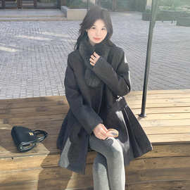 内胆羽绒服灰色毛呢外套女冬季加厚小个子高级感狐狸毛毛围脖大衣