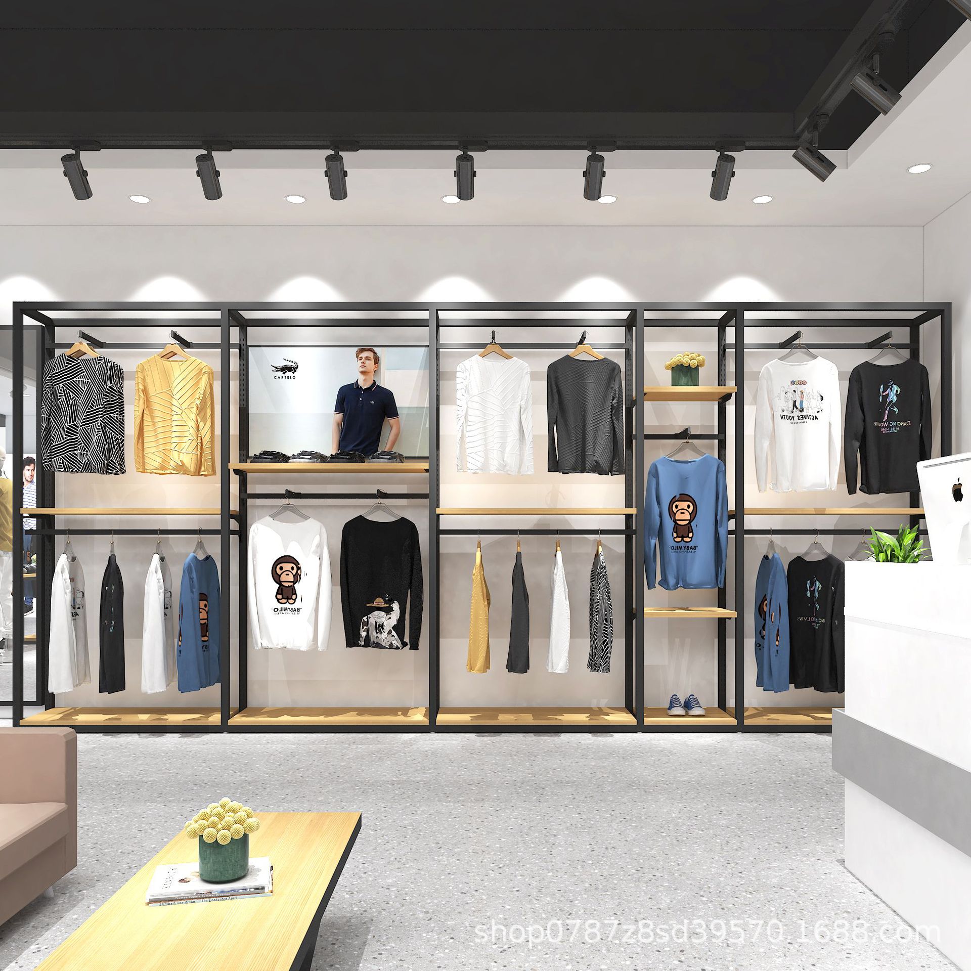 Tienda de ropa de hombre estante de exhibición personalizado centro comercial estante de exhibición de tiendas estante de exhibición de tiendas de ropa de isla estante de exhibición