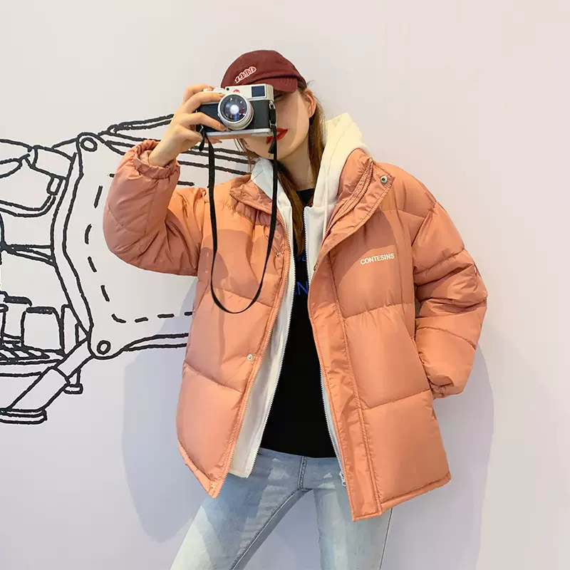 2024冬新款韩版短款时尚连帽假两件棉服大码宽松面包服女棉袄