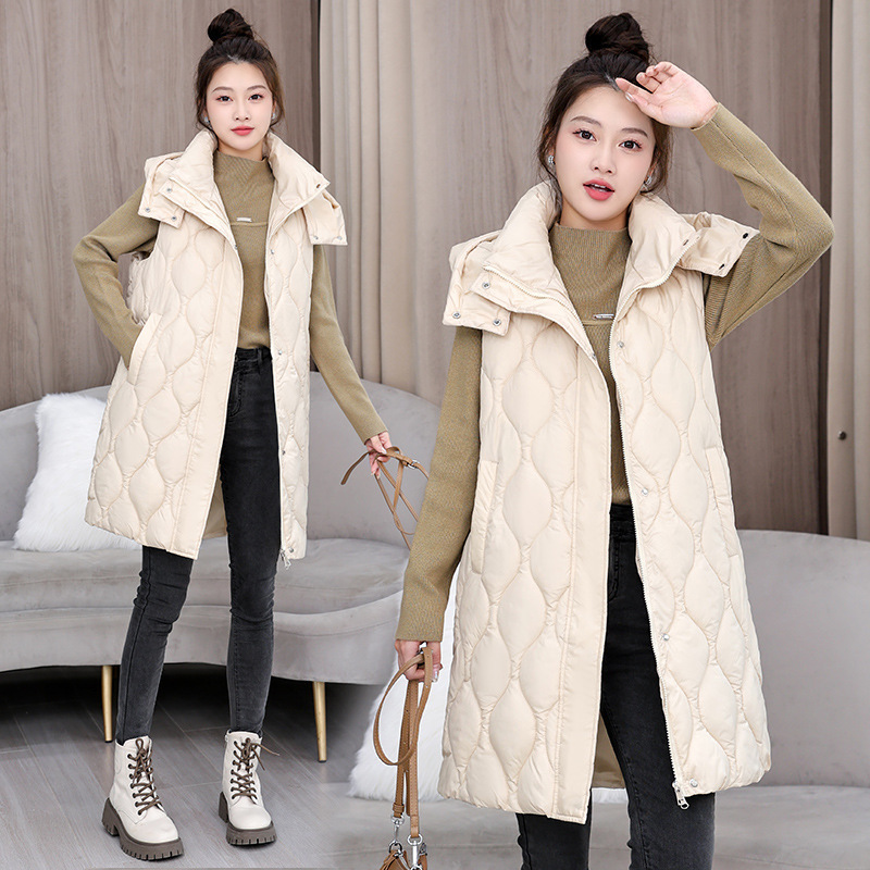 Down Cotton Vest Women's 2024 Winter New Mid-length Hooded Korean Style Loose Thickened Sleeveless Vest Jacket