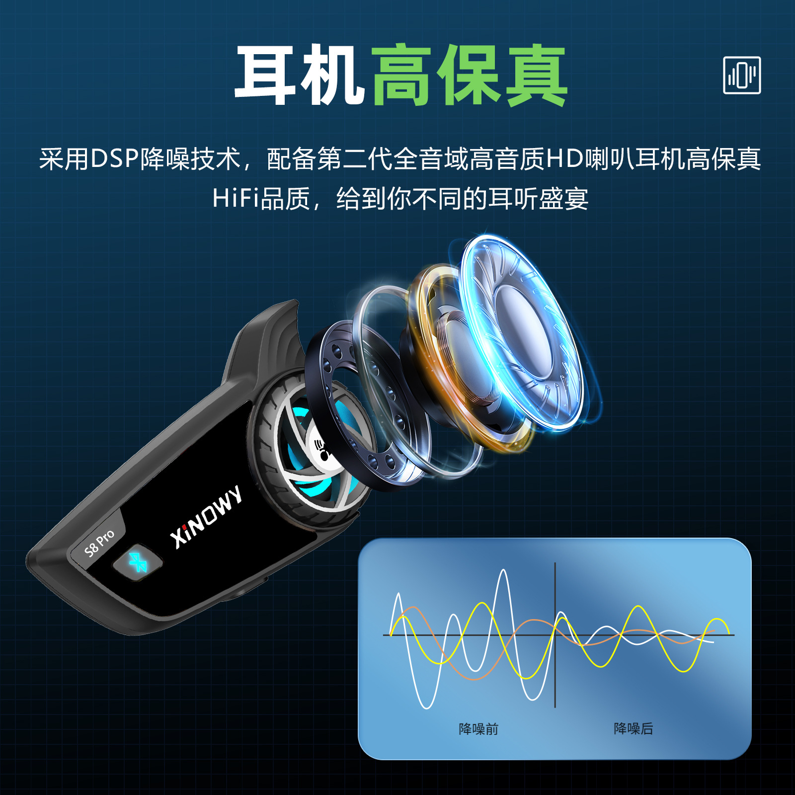 Xinowy Helmet Bluetooth Headset for 8 People with Simultaneous Intercom, Motorcycle Helmet Intercom Bluetooth Headset, Waterproof, Cross-Border