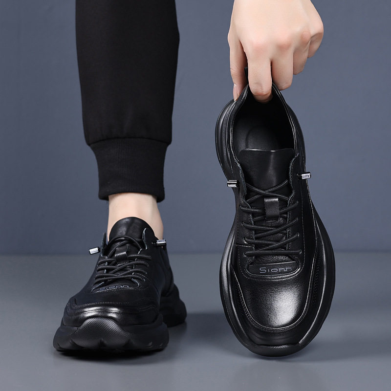 Giày sneaker nam da bò lớp đầu, đế xốp nhẹ, gót 3,5 cm — màu đen