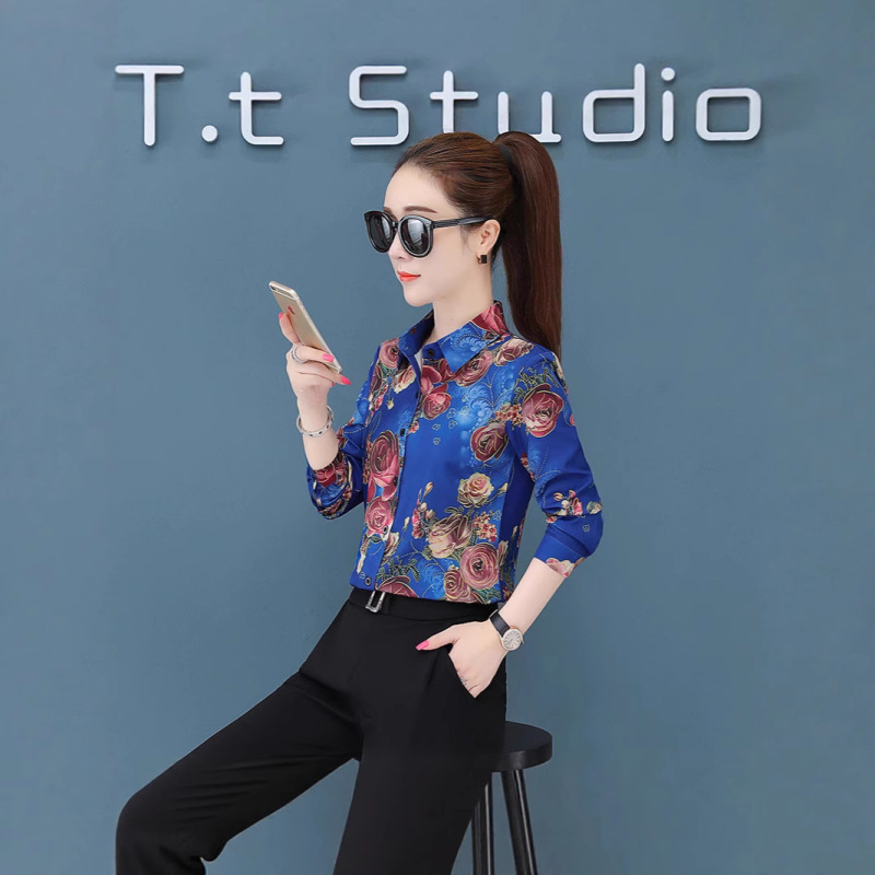 Summer New Style Spring and Autumn Loose-Fitting Women's Long-Sleeve Shirt with Print, Slimming, Versatile, Fashionable Top for Moms