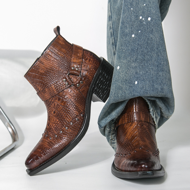 Cross-border autumn zippered pointed toe height-increasing leather boots, fashionable formal casual shoes, large size high-top leather shoes, short boots, men's shoes