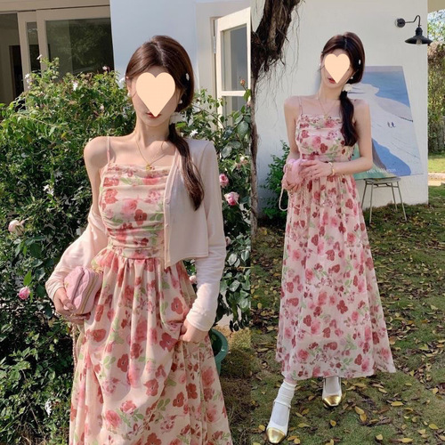 Floral Strappy Dress for Women - 2025 Spring New Arrival French Style Versatile Open Cardigan Waist Cinching Long Strappy Dress Two-Piece Set