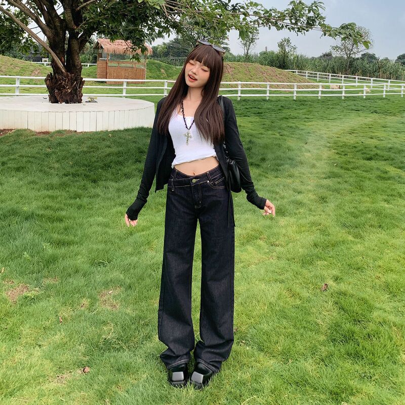 【Jinyin】2 Colors/American Retro Low-Waist Loose Straight-Leg Pants with Irregular Waist Design Versatile Slimming Jeans