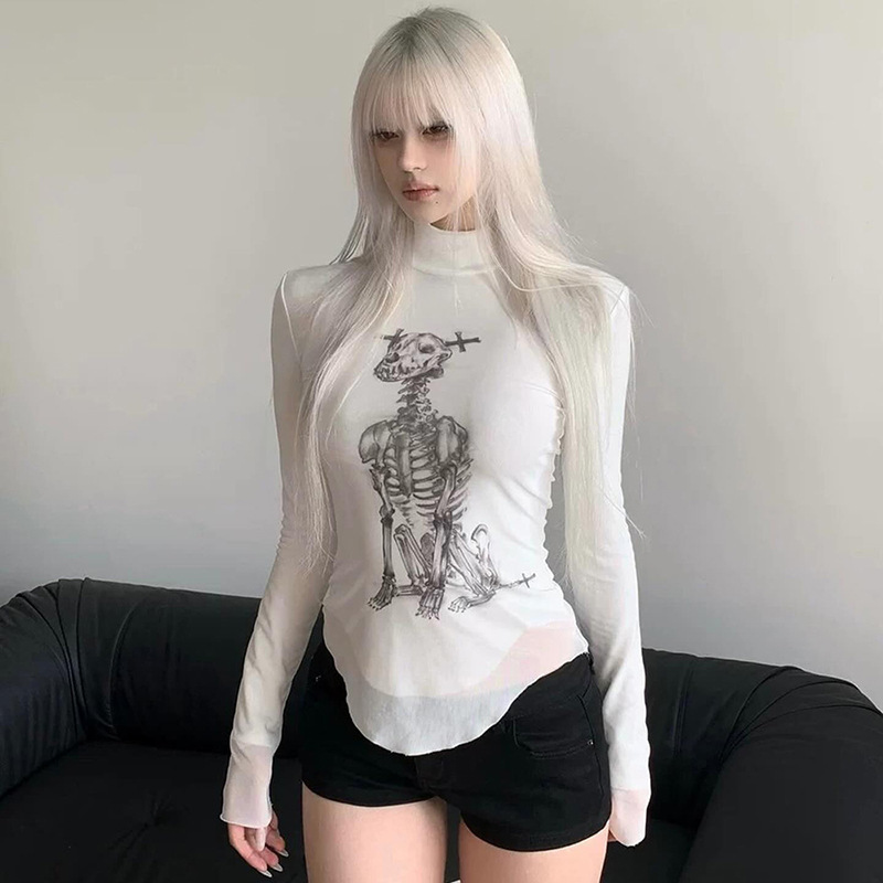 JFL781 European and American style women's spring ins new hip-hop printed mesh long-sleeved slim top T-shirt for women