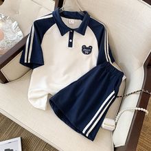 潮款休闲运动套装女夏季少女日系学院风宽松polo衫短袖短裤两件套