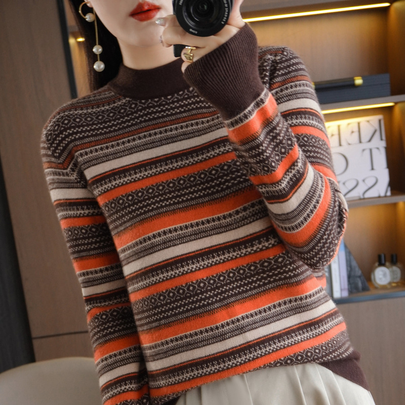 Autumn and Winter New Contrast Color Half Turtleneck Rainbow Striped Turtleneck Bottoming Sweater Women's Striped Knitted Top Women