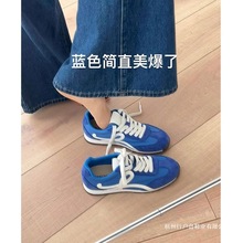 牛皮版~蓝色厚底德训鞋女复古真皮百搭运动休闲鞋软底阿甘鞋女鞋