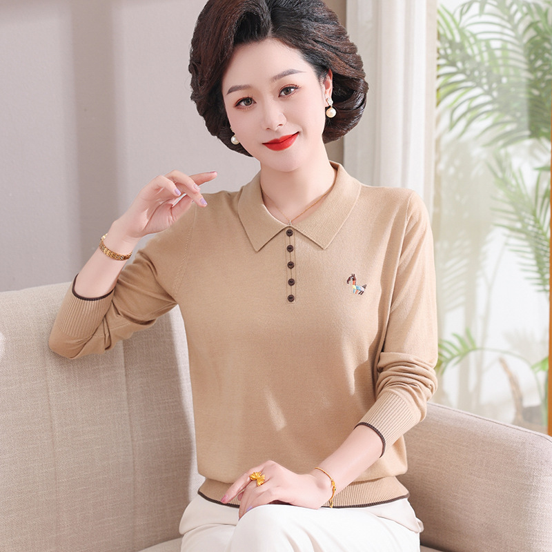 中年のお母さんの洋風の小さいシャツの春の服の2025新型の底の上着の中で老年の婦人服のニットの長袖のtシャツ|undefined