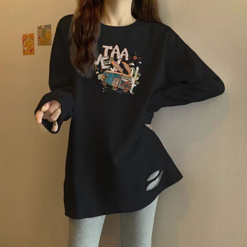 Shark Pants Matching Top Pure Cotton T-Shirt Women's Hip-Covering Spring and Autumn Base Shirt Long Sleeve T-Shirt Women's Butt-Covering