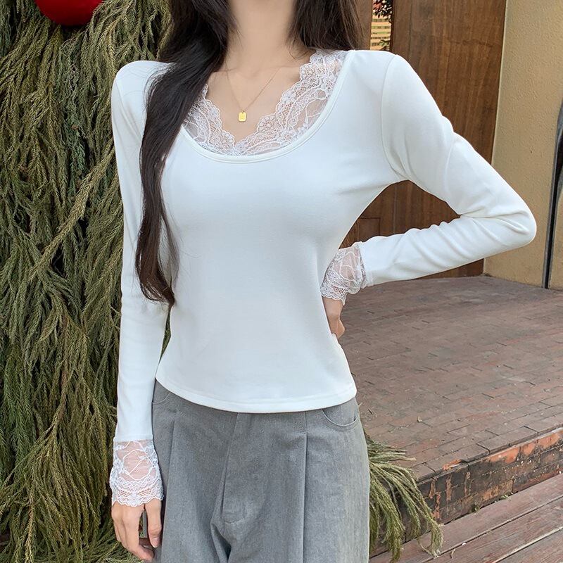 4627 # Real Shot of 280g Sheep Velvet Lace Splicing Bottoming Shirt for Women Autumn and Winter Long-Sleeved T-Shirt Fleece-Lined