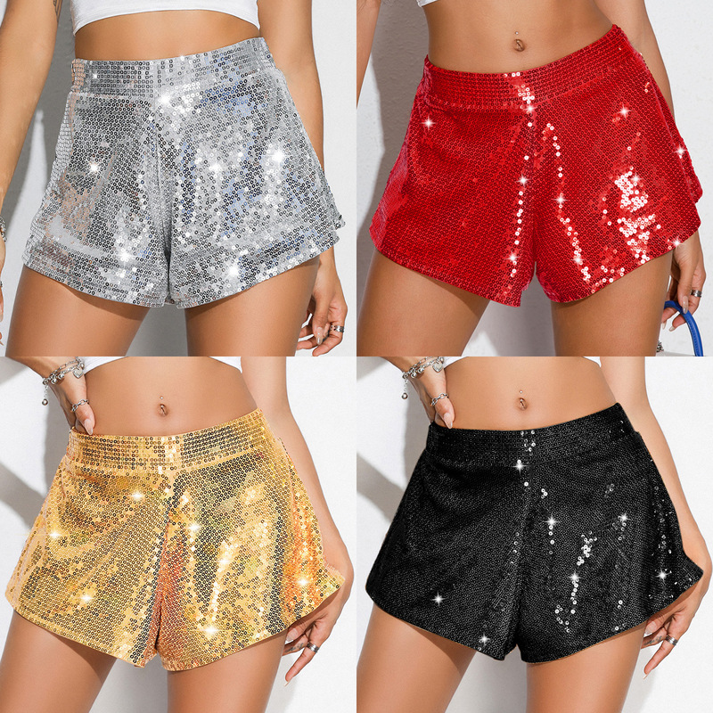 801 # New European and American High-Waisted Casual Shorts Hot Pants for Women High Elastic Sequin Beads Bar Performance Clothing Plus Size
