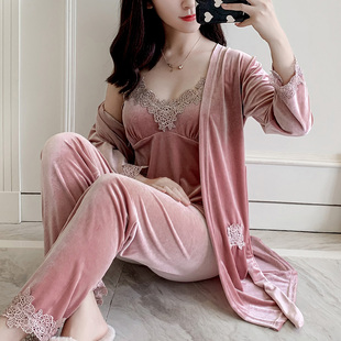 Pajamas for Women in Spring, Autumn and Winter, Sexy Suspender Nightgown, Four-Piece Suit with Breast Pads, Can Be Worn Outside, Gold Velvet Home Clothes
